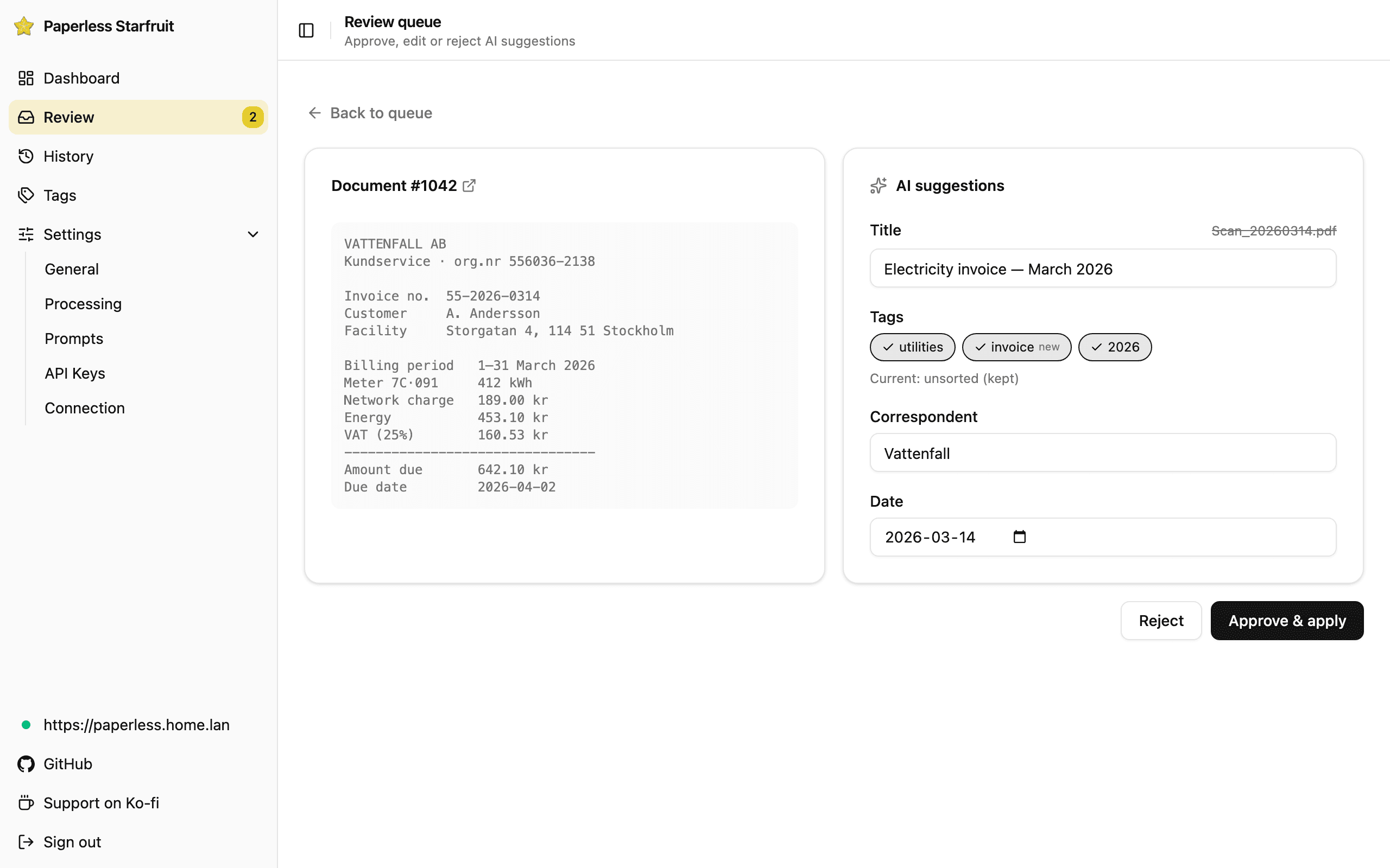 Paperless Starfruit: AI suggestions & document review