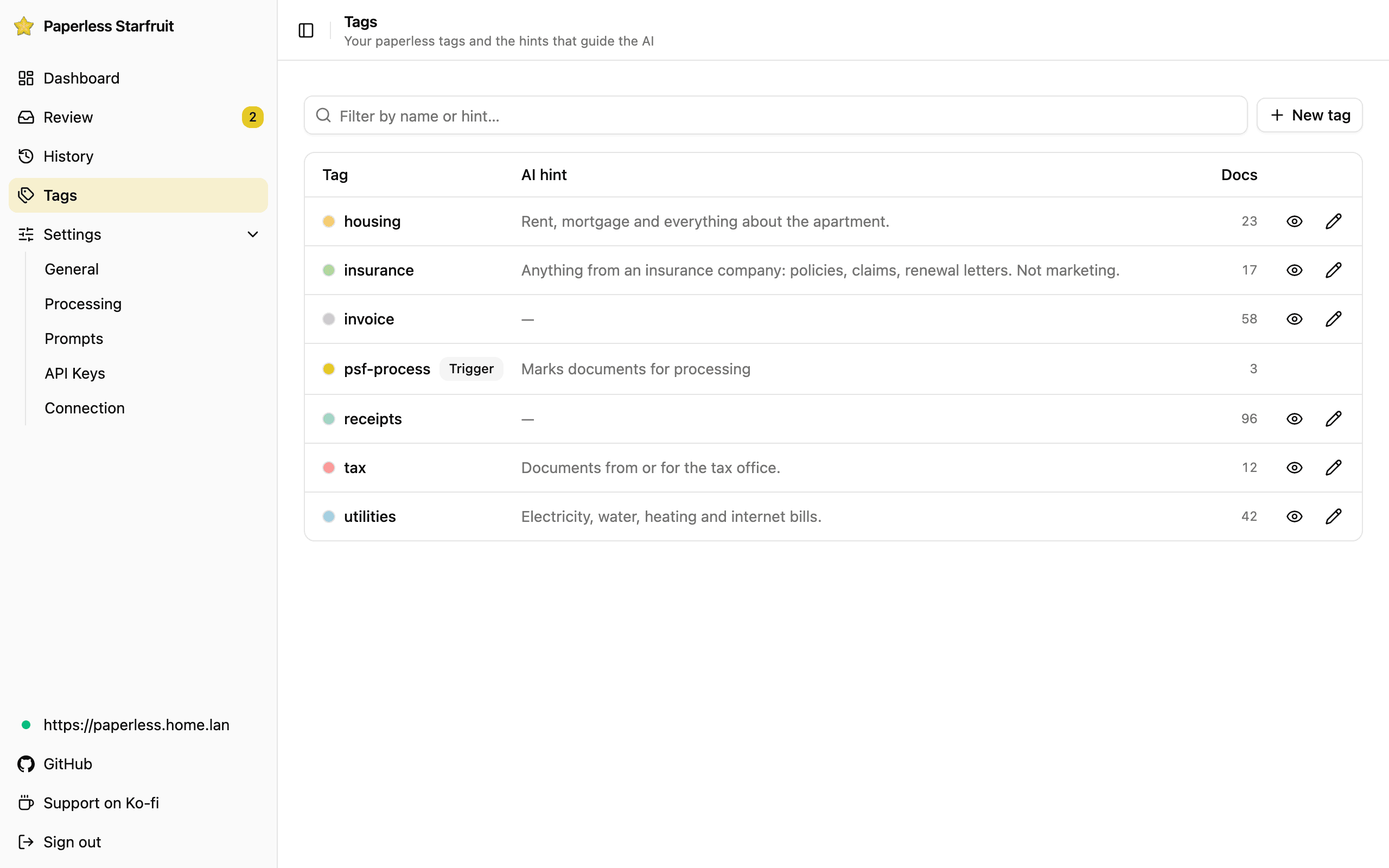 Paperless Starfruit: Tags & processing instructions